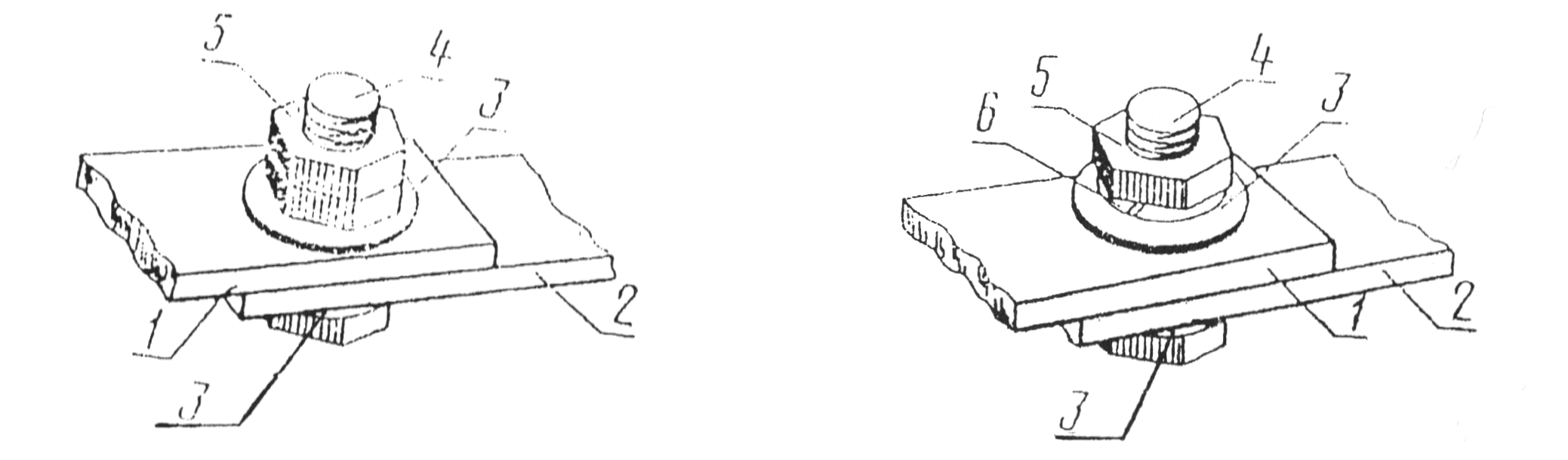 Разборные соединения проводников с плоскими контактными поверхностями со средствами стабилизации - с контргайкой (слева) и с пружинной шайбой (справа)